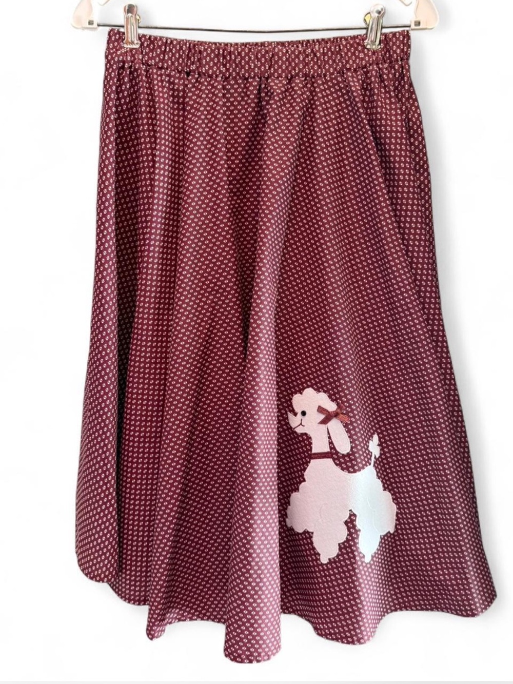 Vintage Burgundy Polka Dot Circle Skirt with White Poodle Applique